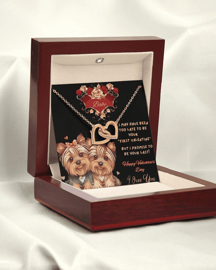 yellow gold interlocking hearts necklace in a luxury box with LED light on