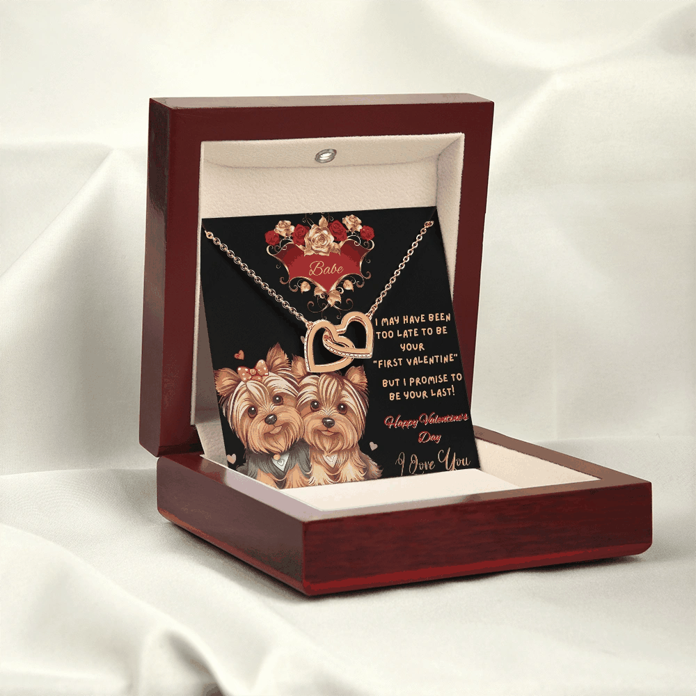 yellow gold interlocking hearts necklace in a luxury box with LED light on