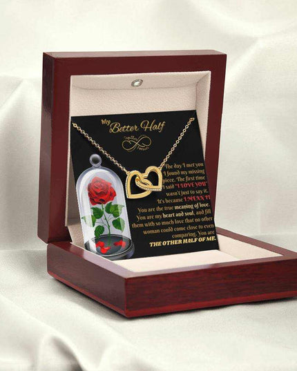 18k interlocking hearts necklace in a luxury box angled left