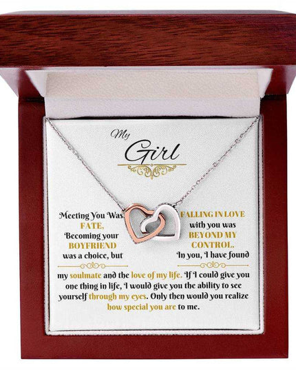rose gold interlocking hearts necklace in luxury box up close