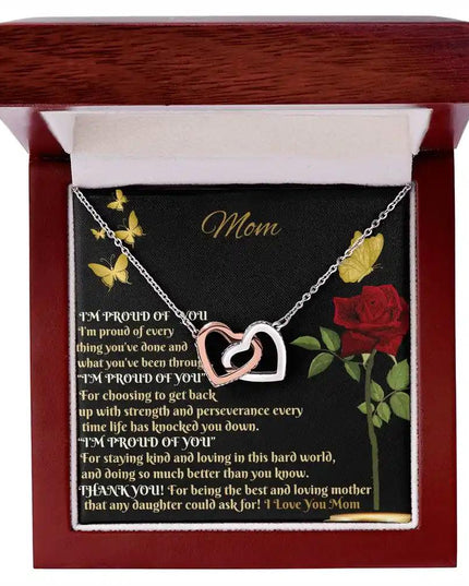 rose gold interlocking hearts necklace in mahogany box
