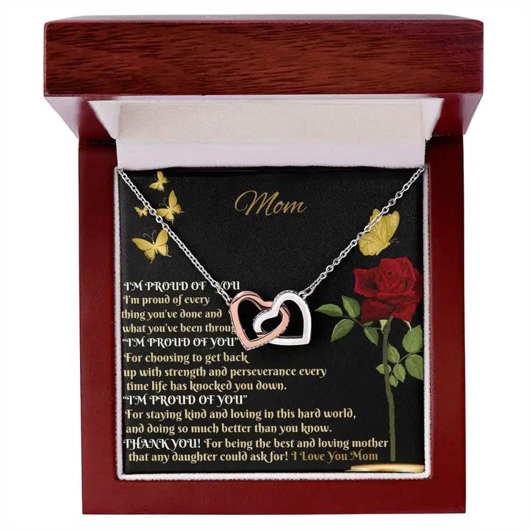 rose gold interlocking hearts necklace in mahogany box