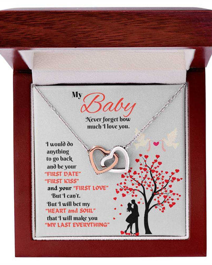 rose gold interlocking hearts necklace in a luxury box up close