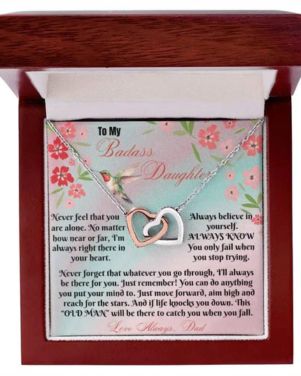 rose gold interlocking hearts necklace mahogany box up close