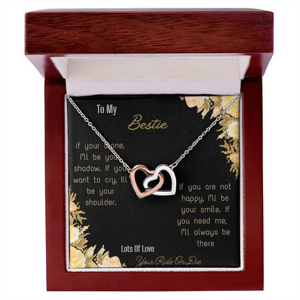 interlocking hearts necklace with bestie greeting card in rose gold and mahogany box