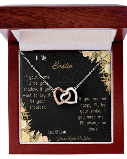 interlocking hearts necklace with bestie greeting card in rose gold and mahogany box