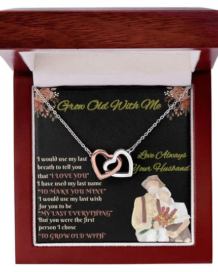 rose gold interlocking hearts necklace in mahogany box