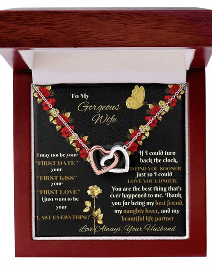 rose gold interlocking hearts necklace in a mahogany box
