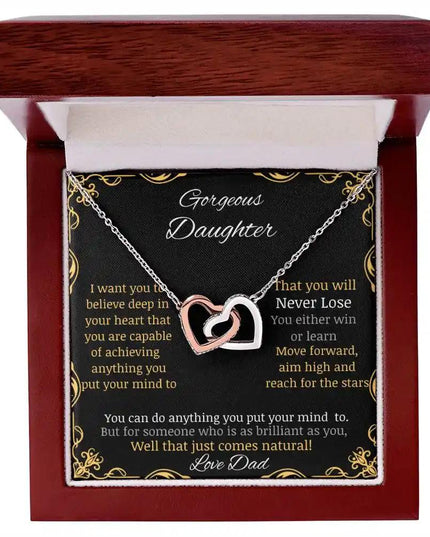 Interlocking Hearts Necklace with rose gold charm and in a mahogany box angle 1