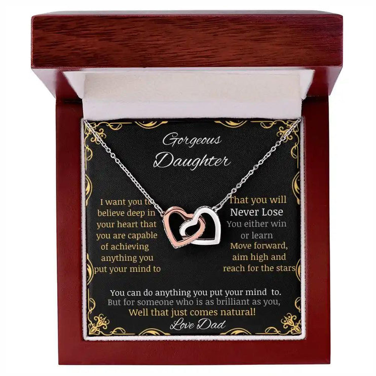 Interlocking Hearts Necklace with rose gold charm and in a mahogany box angle 1