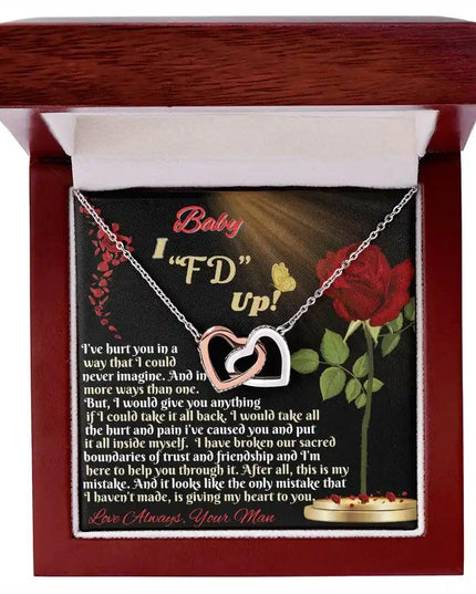 rose gold interlocking hearts necklace in mahogany box