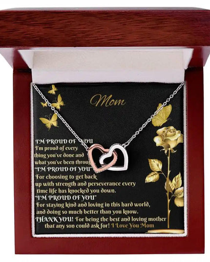 rose gold interlocking hearts necklace in mahogany box