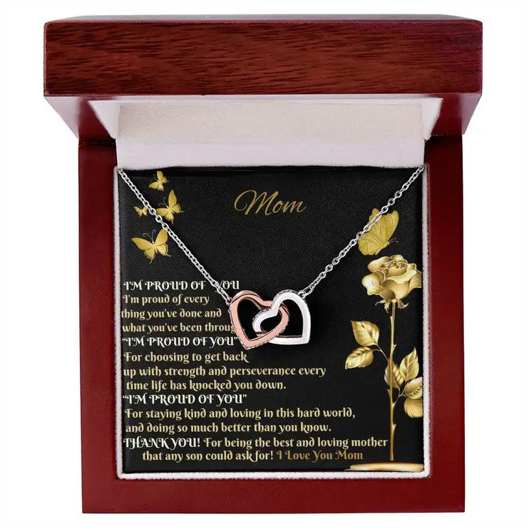 rose gold interlocking hearts necklace in mahogany box