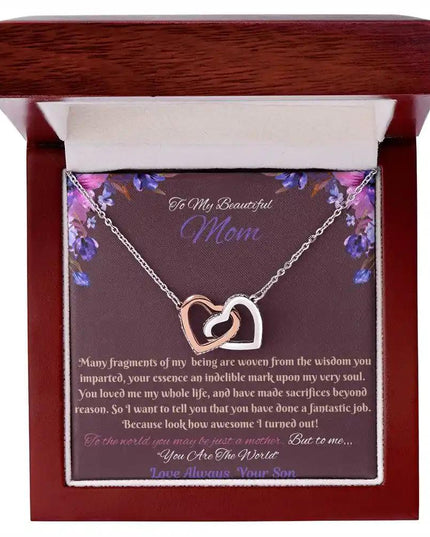 rose gold interlocking hearts necklace in a mahogany box