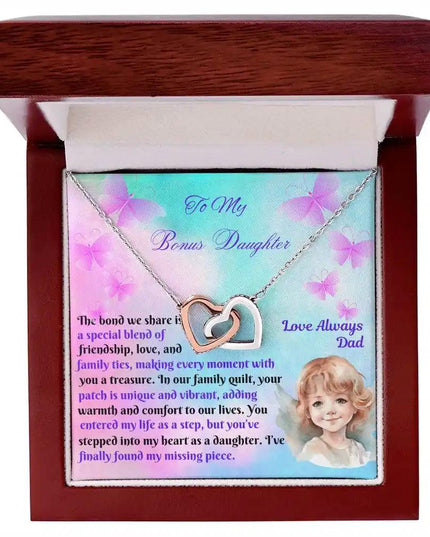 rose gold interlocking hearts necklace in mahogany box up close