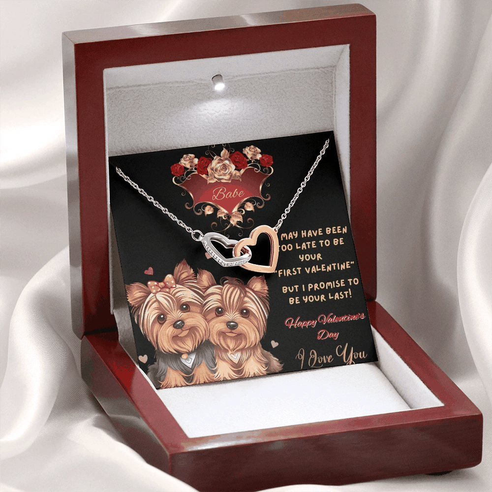 rose gold interlocking hearts necklace in a luxury box with LED light on