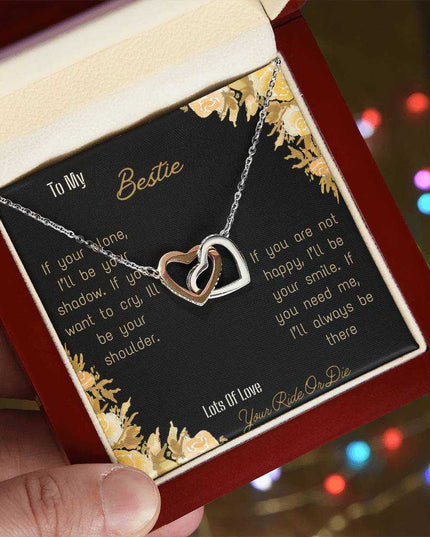 interlocking hearts necklace with bestie greeting card in rose gold and mahogany box