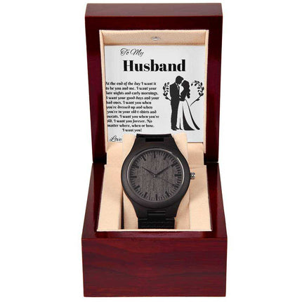 wooden watch in a mahogany box with greeting card inside