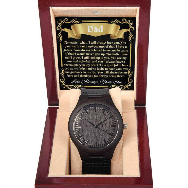 Wooden Watch in luxury box tilted forward