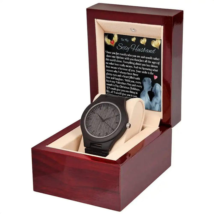 wooden watch in mahogany box angled right