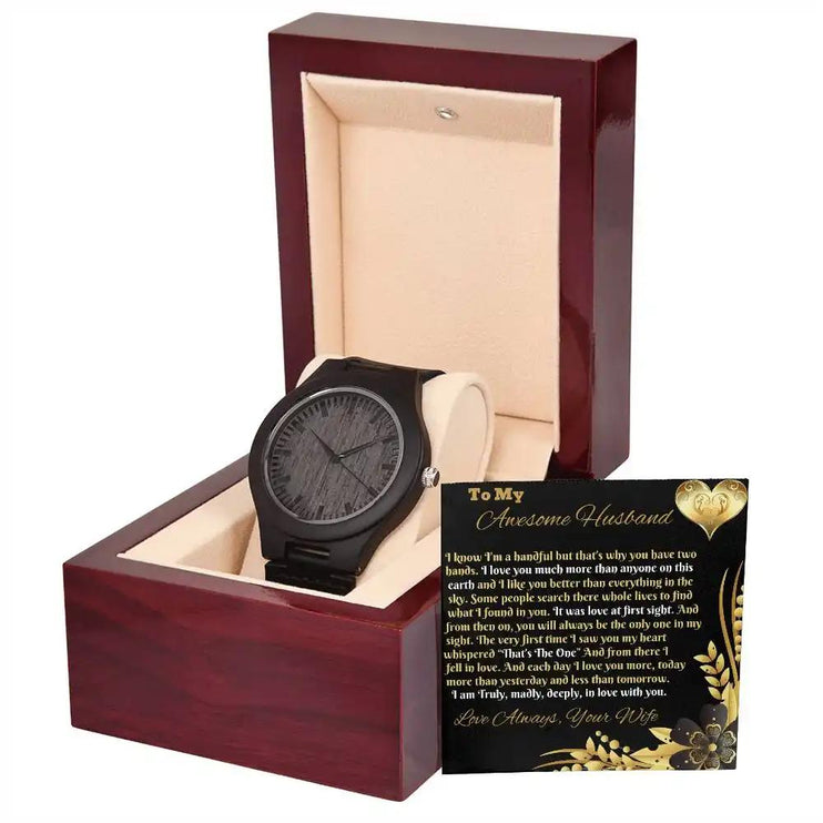 wooden watch in mahogany box angled right