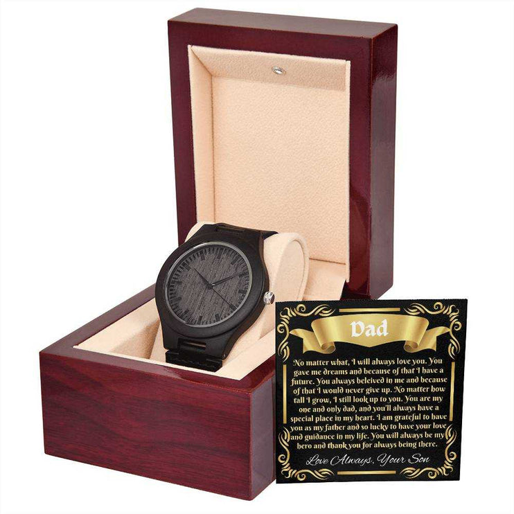 Wooden Watch in luxury box angled right with card outside of box