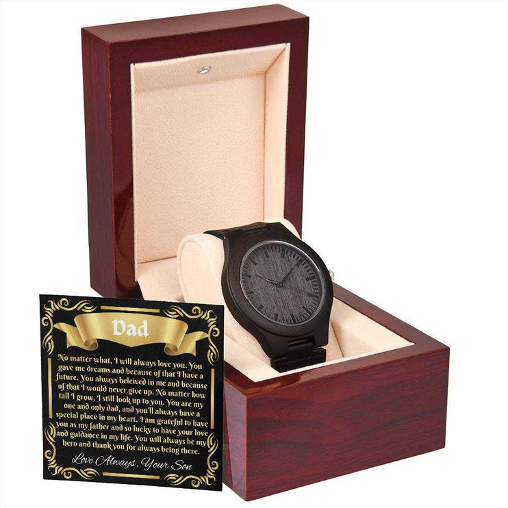 Wooden Watch in luxury box angled left with card outside of box