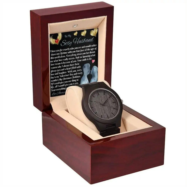 wooden watch in mahogany box angled left