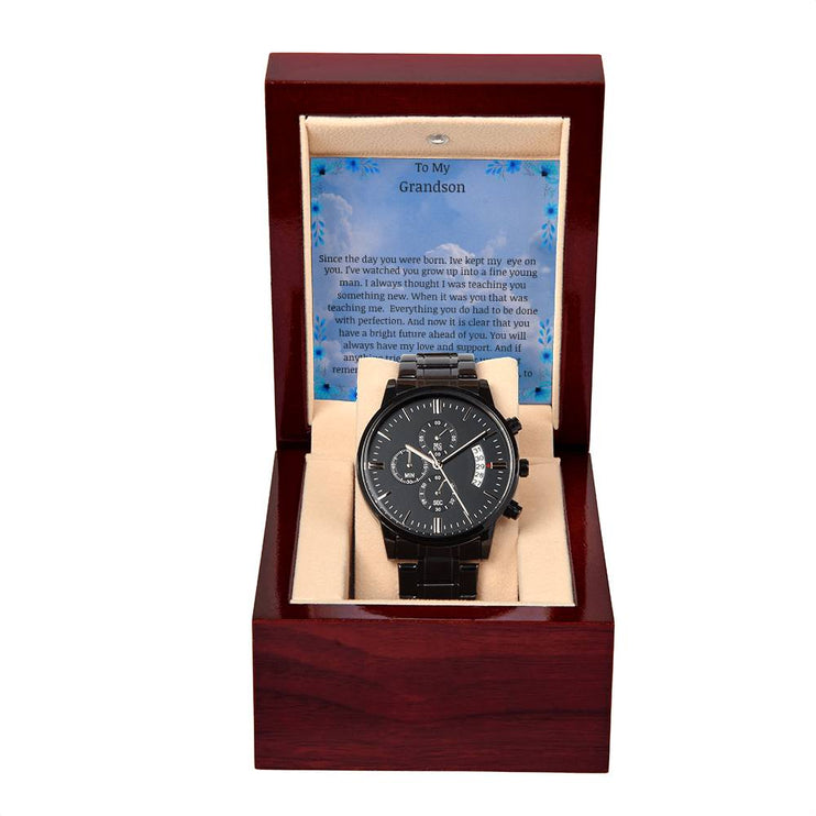 Men's Chronograph Watch with a 3-dial face in a mahogany box with a LED light angle 1