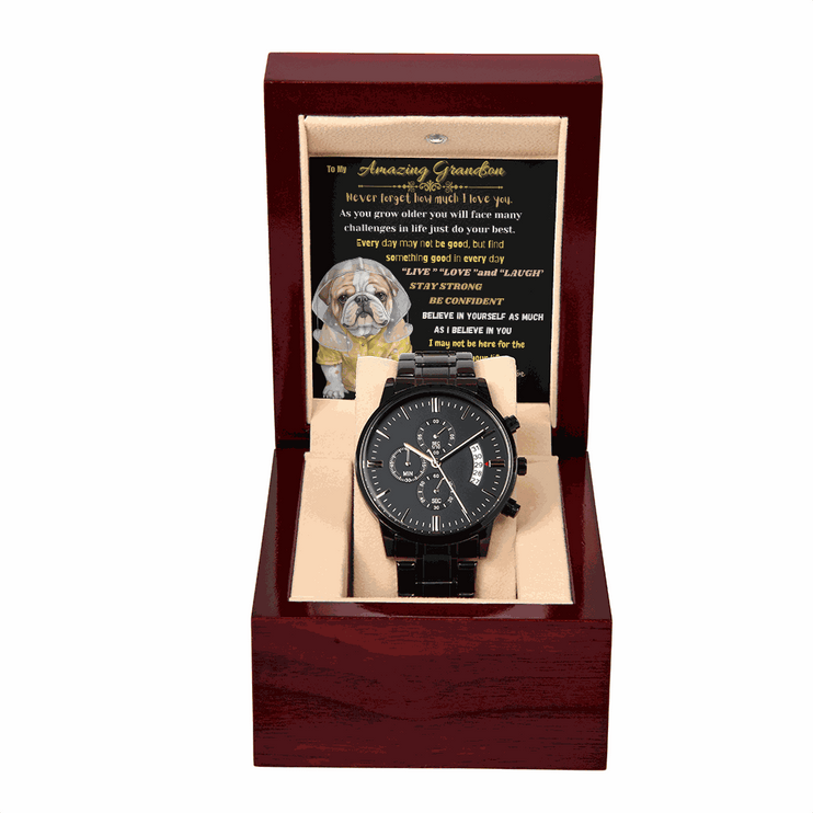 chronograph watch in mahogany box with greeting card