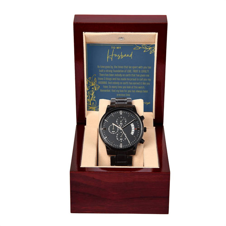 men's chronograph watch in mahogany box with LED light and greeting card for husband angle 1