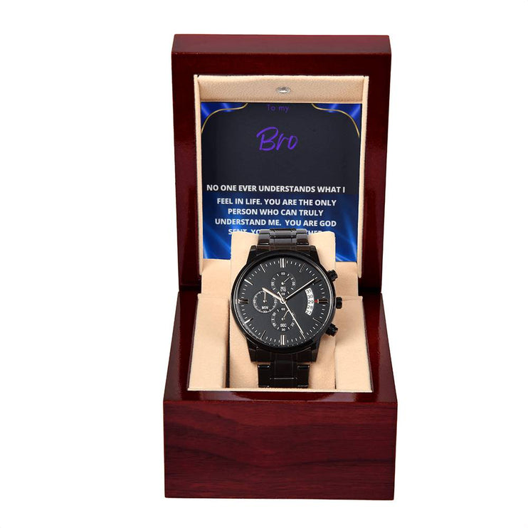 a men's chronograph watch in mahogany box and a removable message card to brother