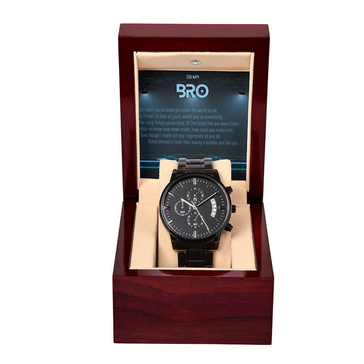 Men's Chronograph Watch with 3 dial face copper dial in a mahogany box with a LED light angle 1