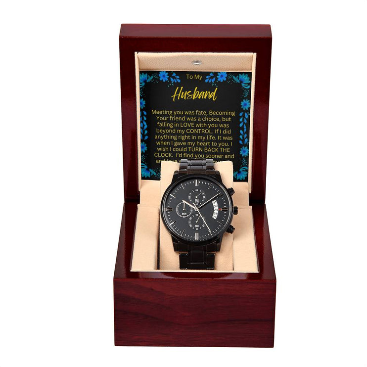 Men's Chronograph Watch with a 3 dial face and in a mahogany box with a LED light angle 1