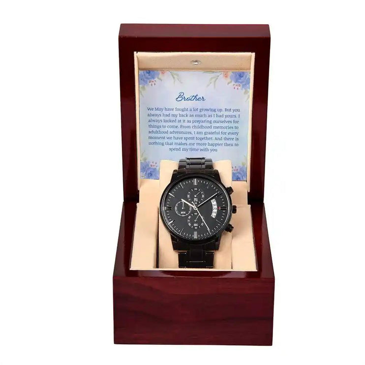 A men's chronograph watch in a mahogany box and to brother greeting card
