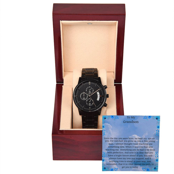 Men's Chronograph Watch with a 3-dial face in a mahogany box with a LED light angle 2