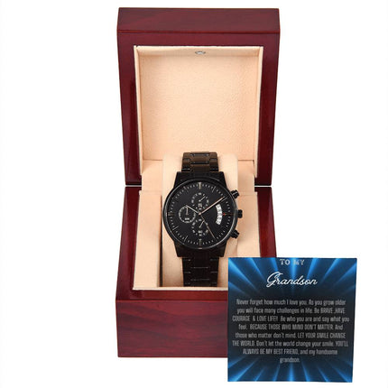 Men's Chronograph Watch with black band in mahogany box angle 2