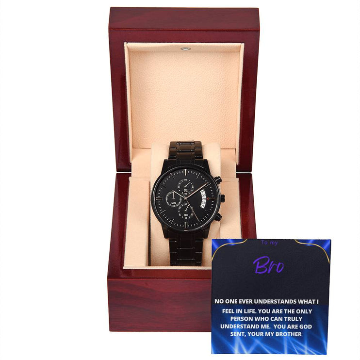 a men's chronograph watch with a removable to brother message card in mahogany box