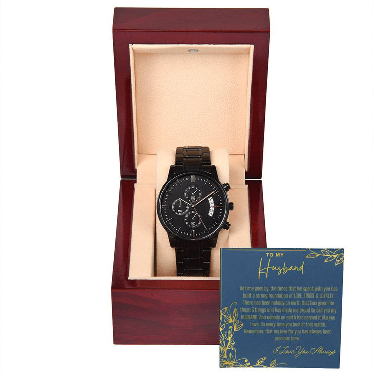 men's chronograph watch in mahogany box with LED light and greeting card for husband angle 2
