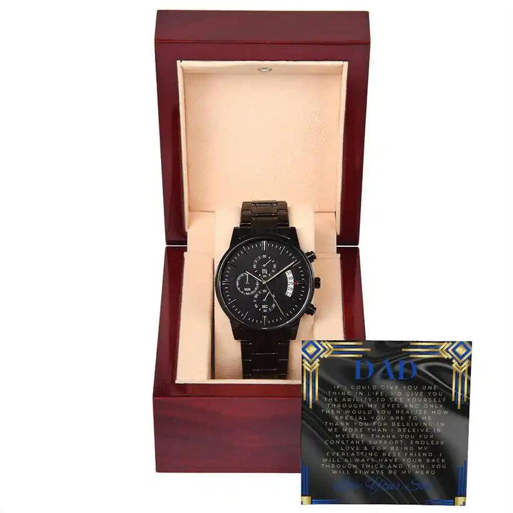 A Men's Chronograph Watch in a mahogany box with a greeting card 