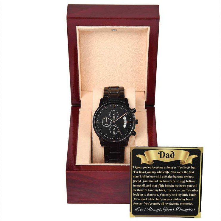 chronograph watch in luxury box with card outside of box