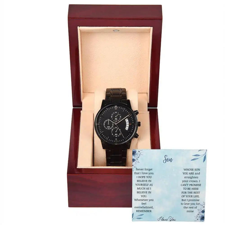 Men's Chronograph Watch in a mahogany box with to son card outside of box