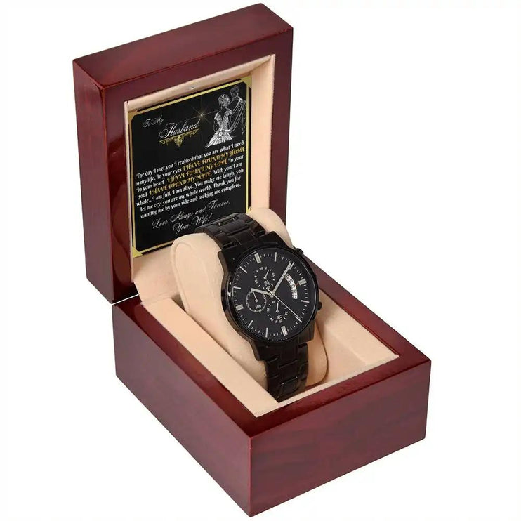 chronograph watch in mahogany box angled left