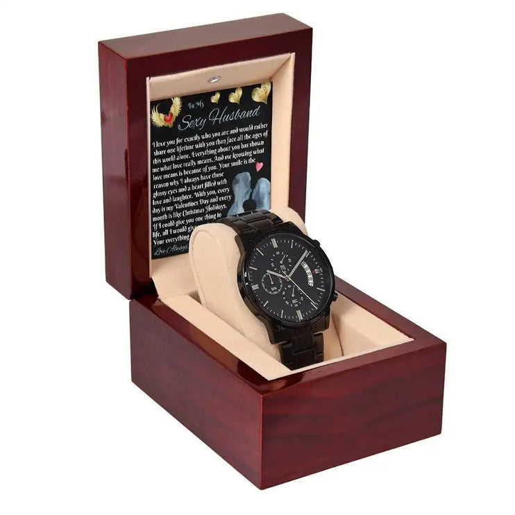 chronograph watch in mahogany box angled left