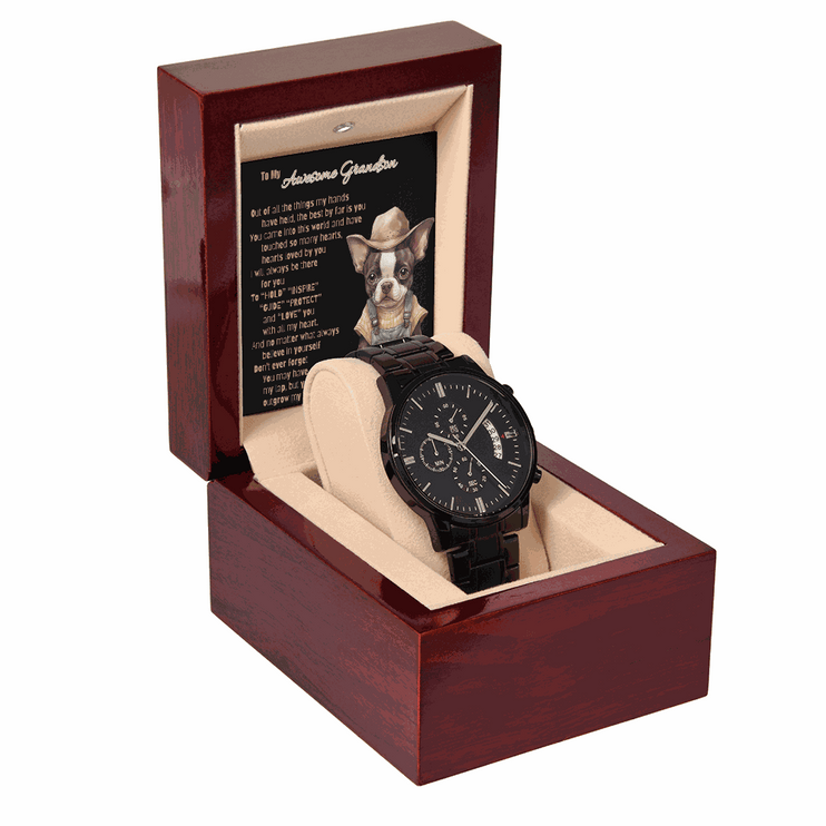 chronograph watch in mahogany box with greeting card angled to the left