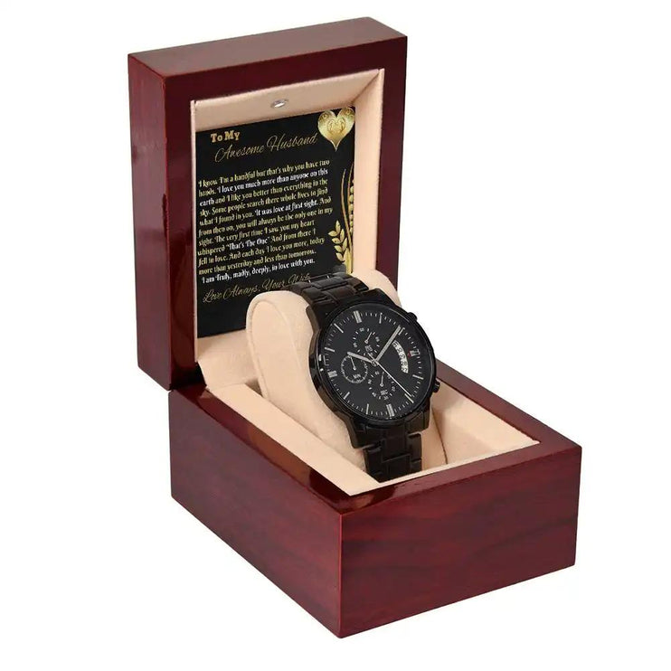 chronograph watch in mahogany box angled left