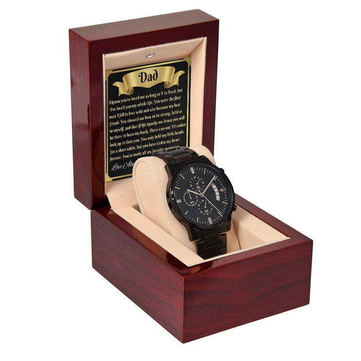 chronograph watch in luxury box angled to the left