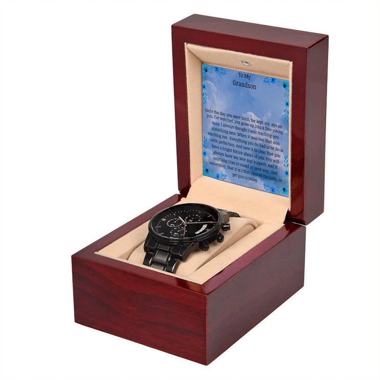 Men's Chronograph Watch with a 3-dial face in a mahogany box with a LED light angle 3
