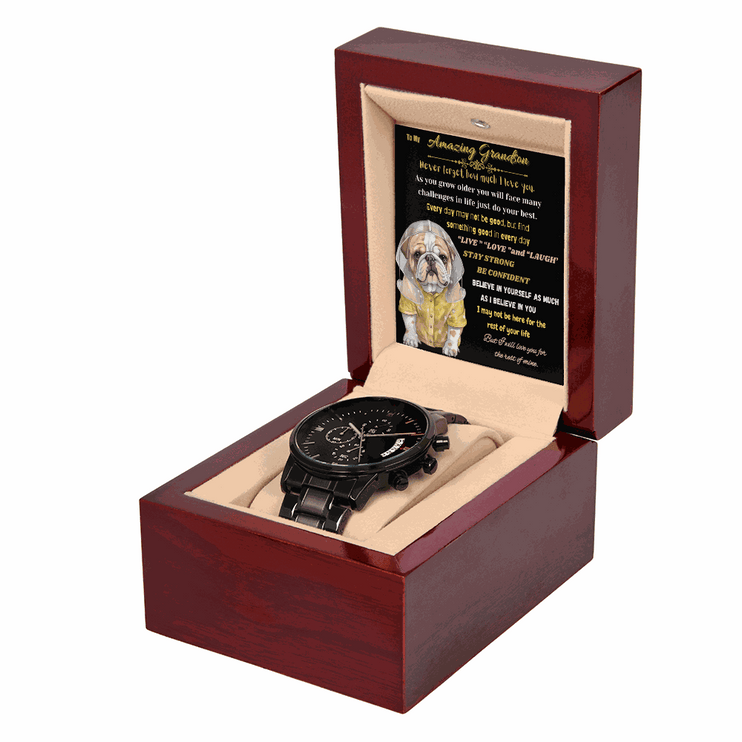 chronograph watch in mahogany box with greeting card angled to the right