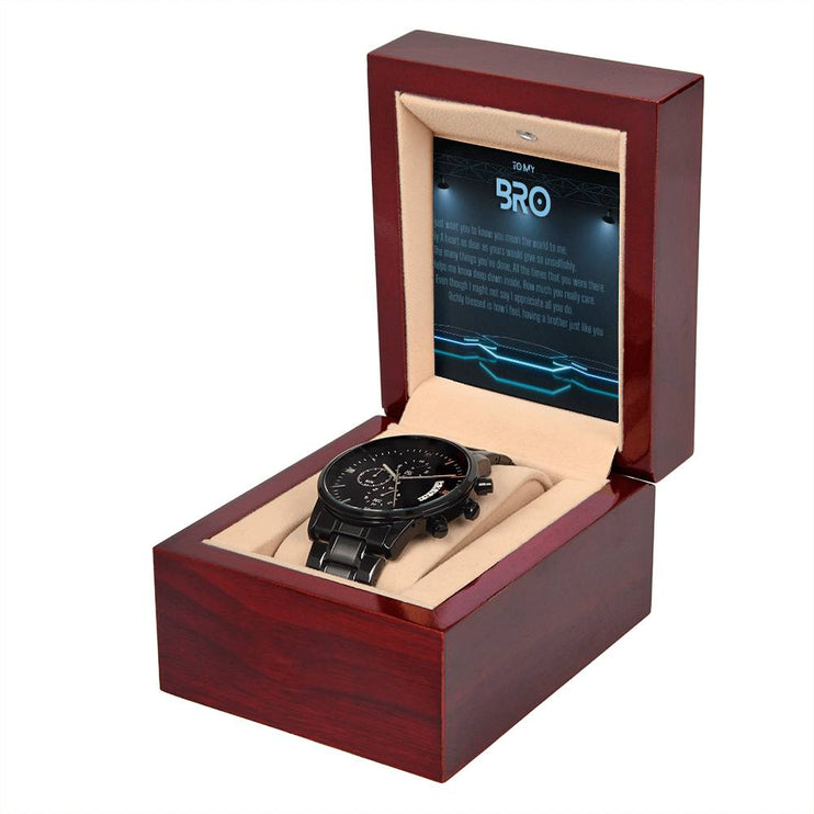 Men's Chronograph Watch with 3 dial face copper dial in a mahogany box with a LED light angle 3
